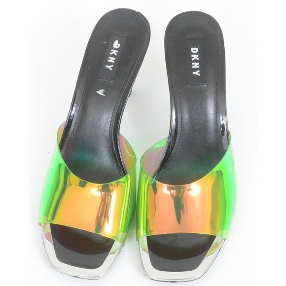 DKNY Women's 8 Iridescent Apple Green Open-Toe Slides Stiletto Heels Clubwear - Picture 4 of 7